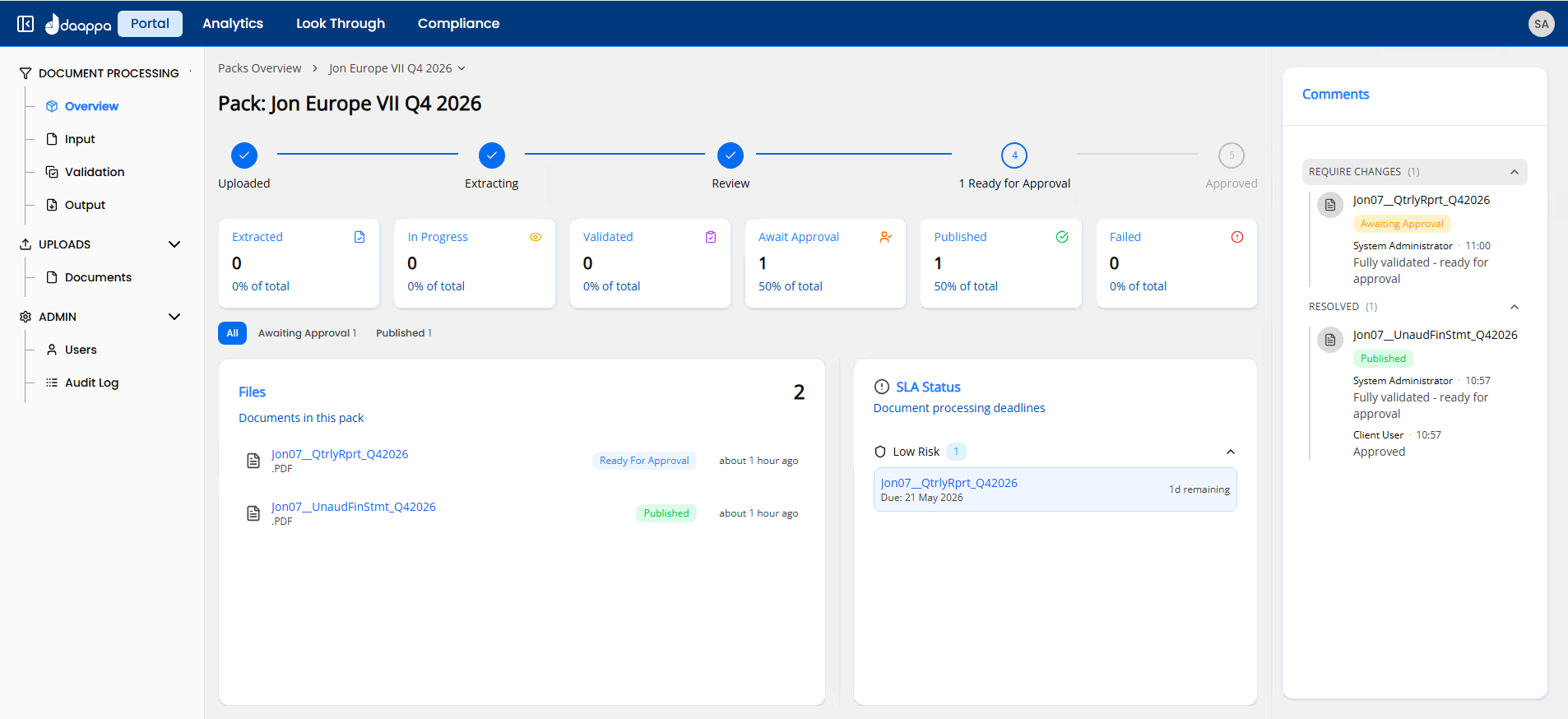 daappa Investor Portal — document processing and pack overview